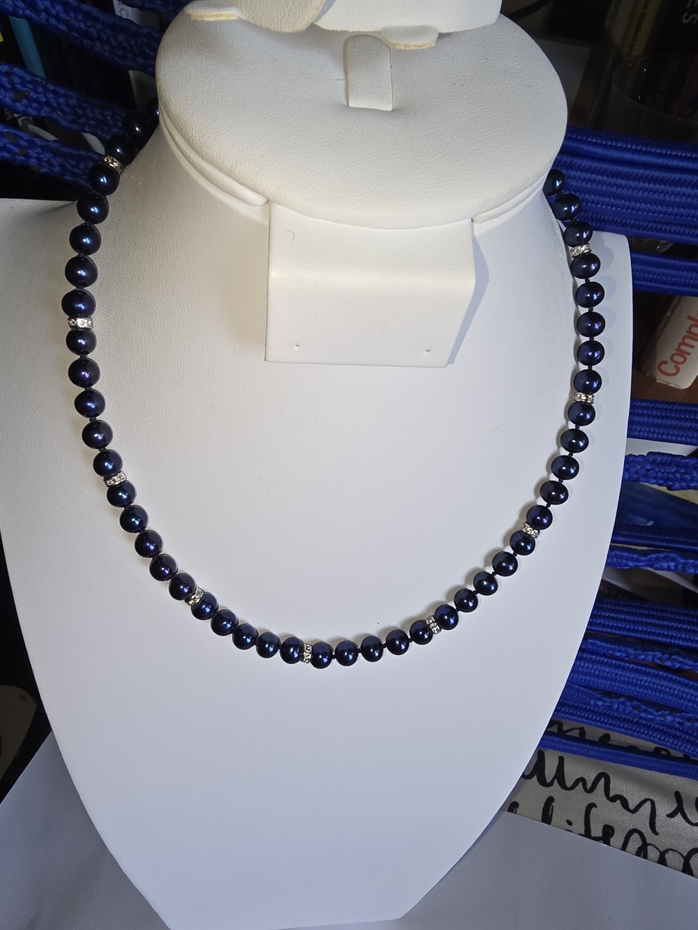 Navy Pearl Beaded Necklace with Silver Accents - Women Jewelry